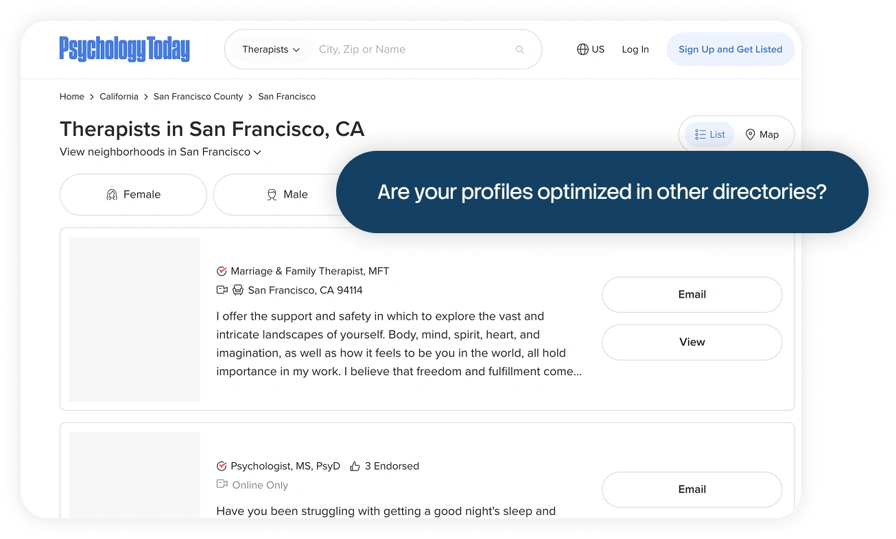 Psychology Today therapist directory search results for San Francisco, CA, illustrating unoptimized therapist profiles in online directories