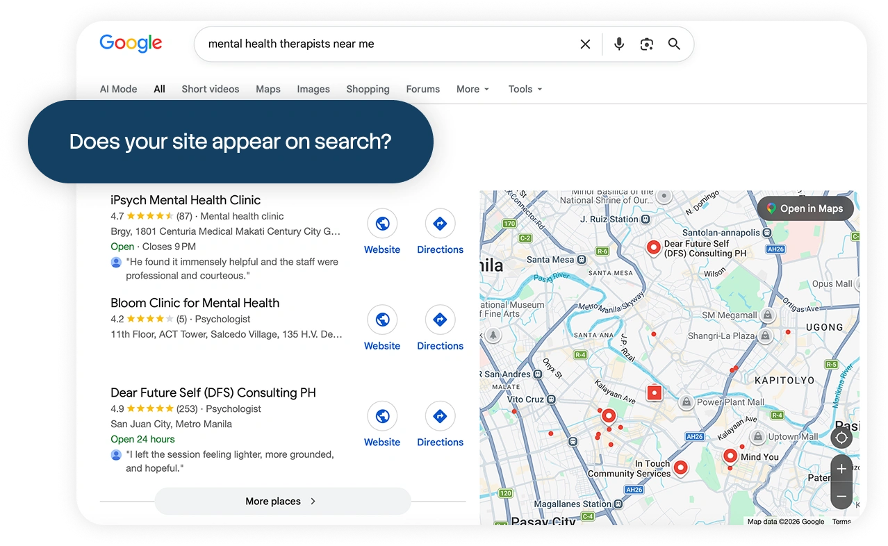 Google search results for "mental health therapists near me" showing local therapist listings and map, illustrating a therapist website that doesn't appear in search